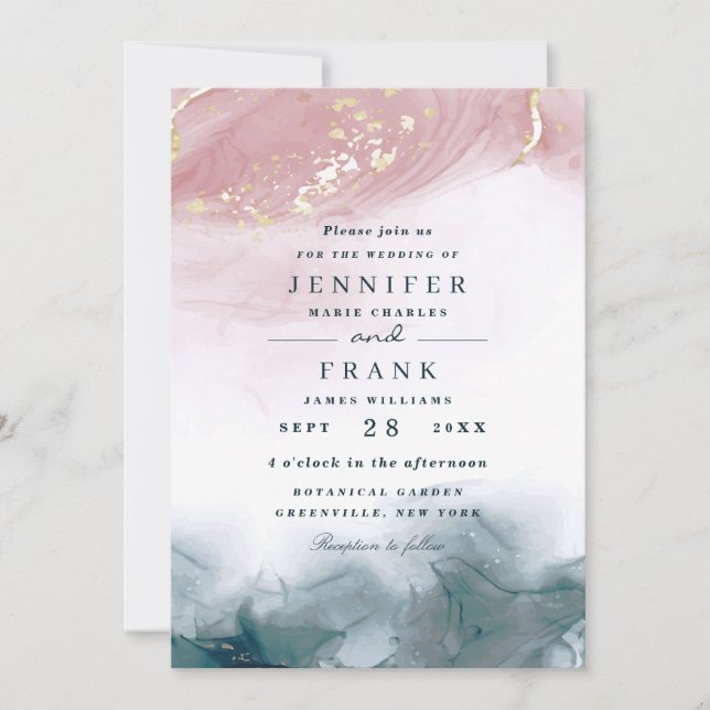 Invitation Elégant Aquarelle Alcool Encre Bleu Mariage (Devant)