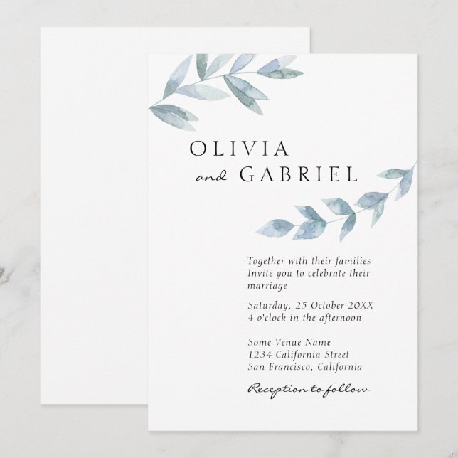 Invitation Elégant aquarelle aquarelle feuillage mariage bota (Devant / Derrière)