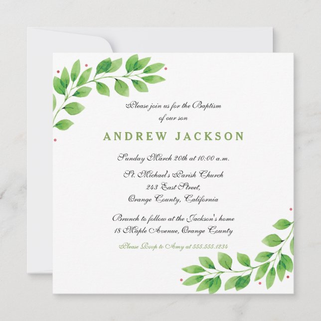 Invitation Elégant Aquarelle Baptême/Invitation Christening (Devant)