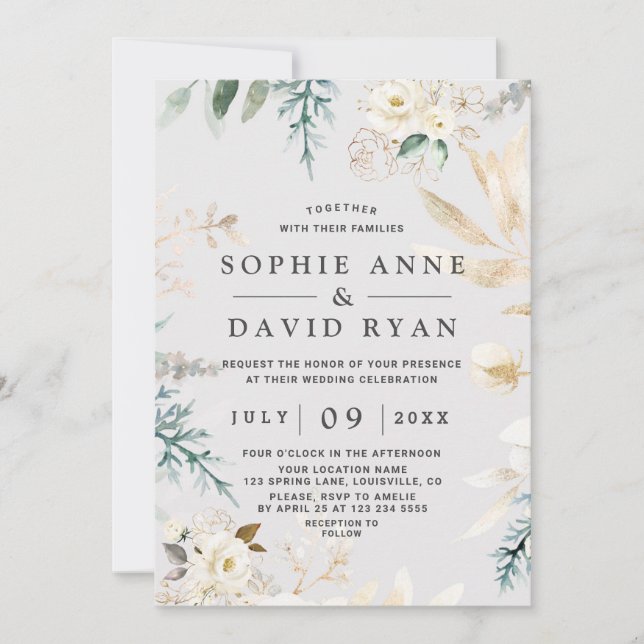 Invitation Elégant Aquarelle Blanc Floral Mariage or (Devant)