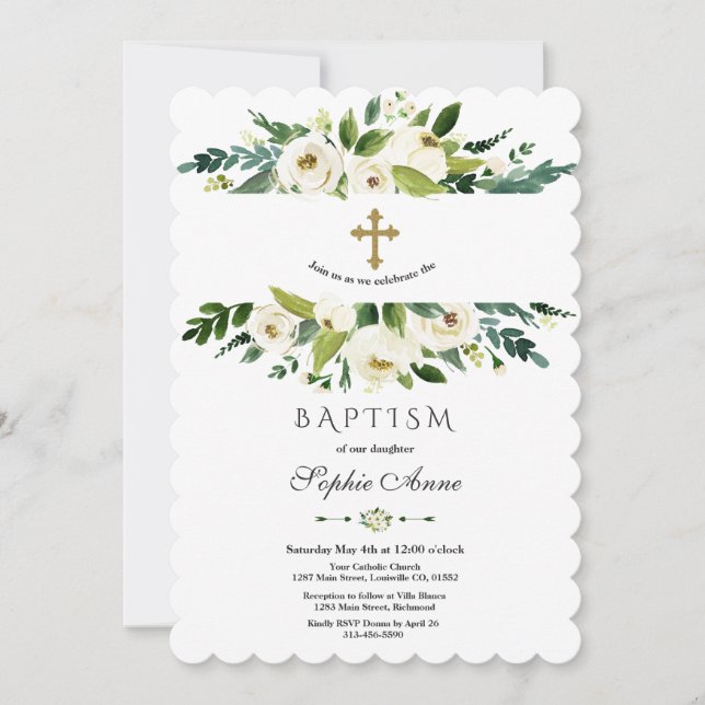Invitation Elégant Aquarelle Blanc Floral Peonies Baptême (Devant)