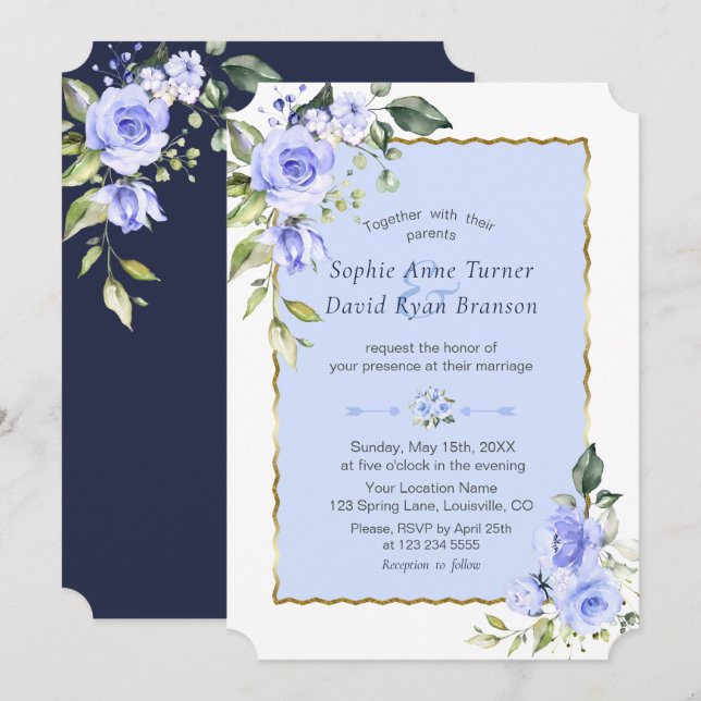 Invitation Elégant Aquarelle bleu Fleurs Mariage bleu marine (Devant / Derrière)