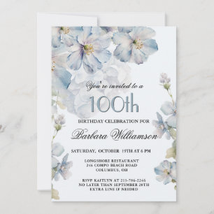 Invitation Élégant aquarelle bleu floral 100e anniversaire