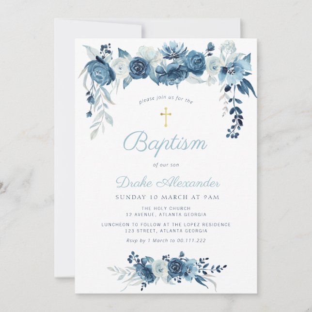 Invitation Elégant aquarelle bleu floral baptême (Devant)