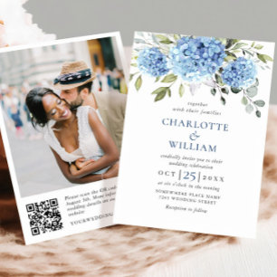 Invitation Elégant aquarelle bleu Hydrangea Mariage code QR