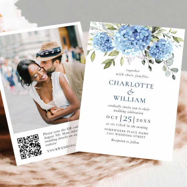 Invitation Elégant aquarelle bleu Hydrangea Mariage code QR (Créateur téléchargé)