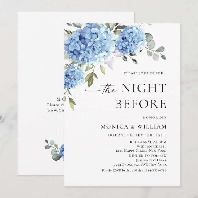 Invitation Elégant Aquarelle Bleu Hydrangée Dîner de répétiti (Devant / Derrière)