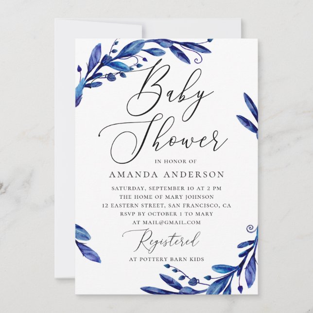 Invitation Elégant aquarelle bleu marine baby shower floral (Devant)