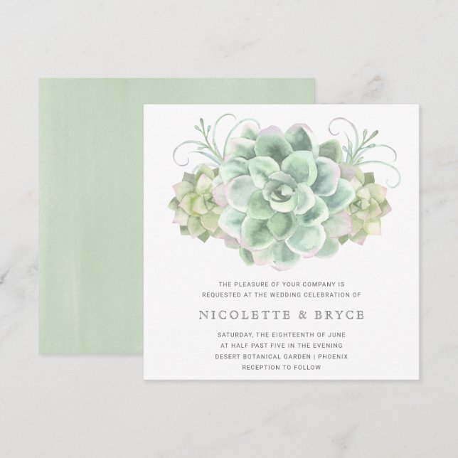 Invitation Elégant Aquarelle Botanique Mariage Succulent (Devant / Derrière)