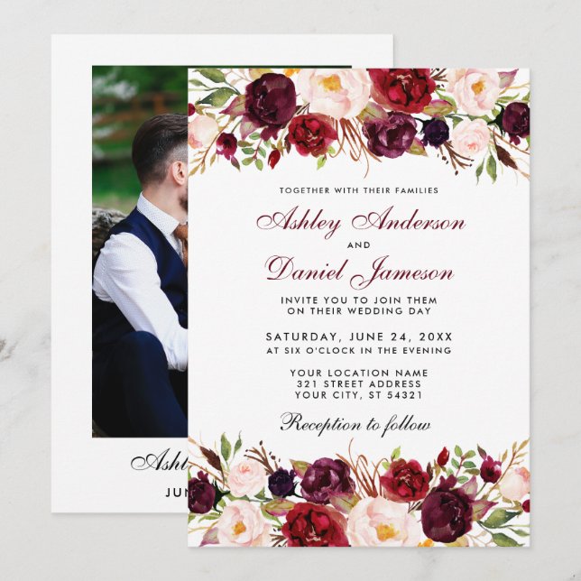Invitation Elégant aquarelle Bourgogne Floral Mariage photo (Devant / Derrière)