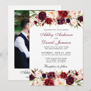 Invitation Elégant aquarelle Bourgogne Floral Mariage photo