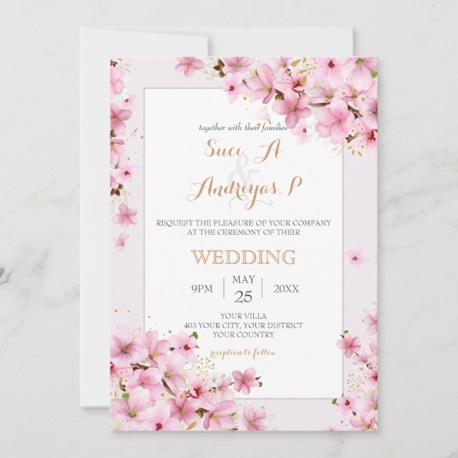 Invitation Elégant Aquarelle Cerisier Fleur Printemps Mariage (Devant)