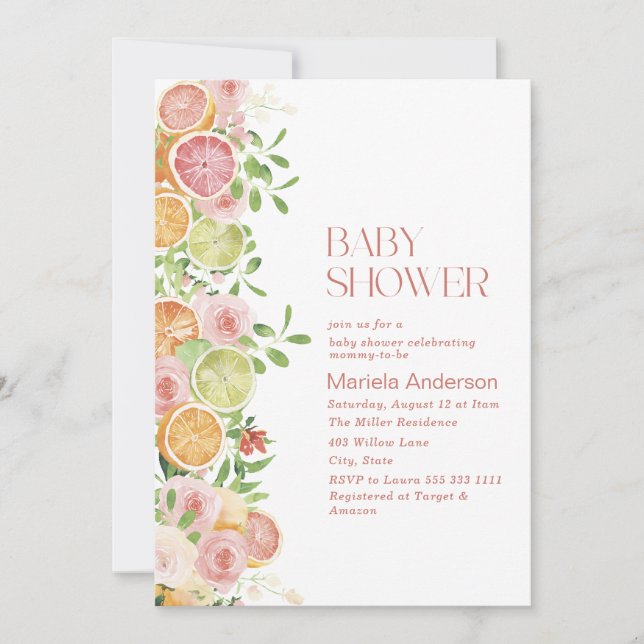 Invitation Elégant Aquarelle Citrus Fleurs roses Baby Show (Devant)
