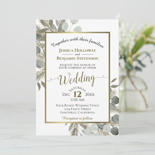 Invitation Elégant Aquarelle Eucalyptus Golden Pine Mariage (Debout devant)