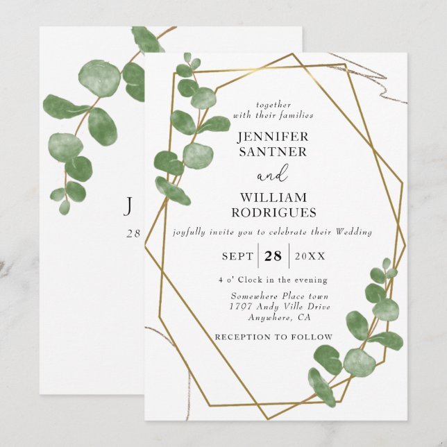 Invitation Elégant Aquarelle Eucalyptus Mariage Floral (Devant / Derrière)