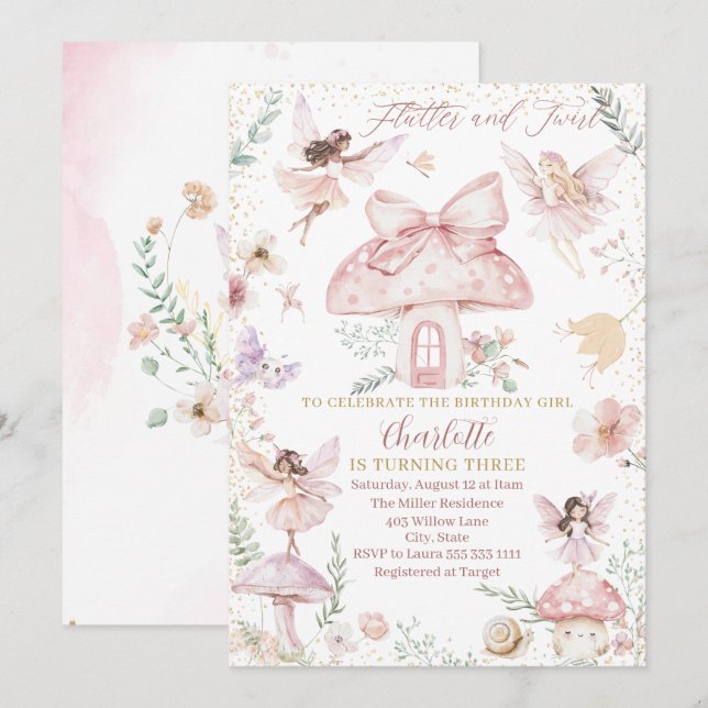 Invitation Elegant aquarelle Fairy fait trois ans (Devant / Derrière)