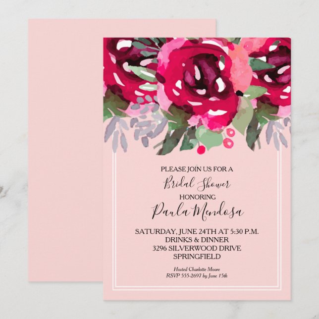 Invitation Elégant Aquarelle Fleurs Fête des mariées rose (Devant / Derrière)
