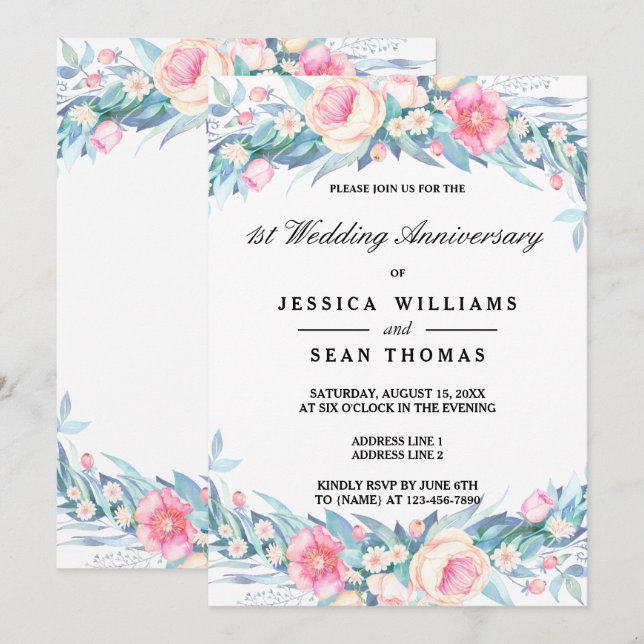 Invitation Elégant aquarelle Floral 1er anniversaire Mariage (Devant / Derrière)
