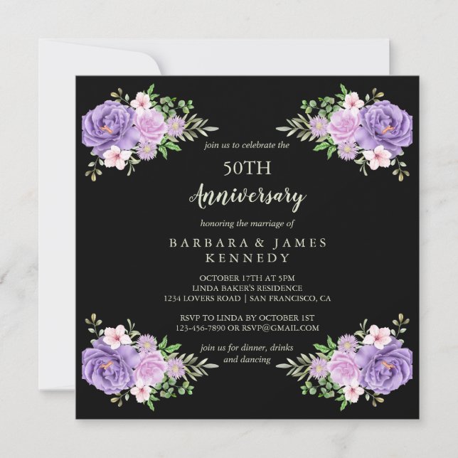 Invitation Elégant aquarelle Floral 50e anniversaire Mariage (Devant)