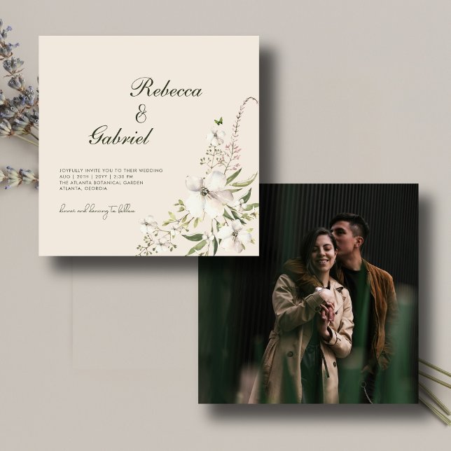 Invitation Elégant aquarelle Floral Carré photo Mariage (Créateur téléchargé)
