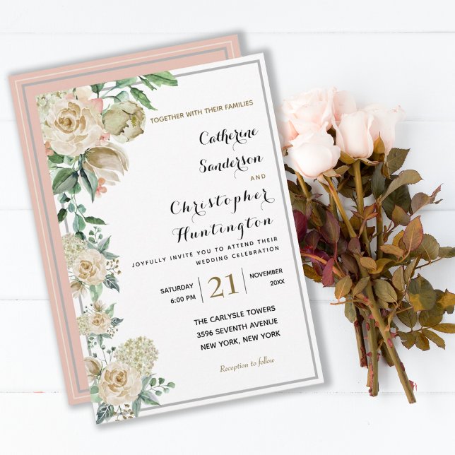 Invitation Elégant aquarelle Floral Mariage (ELEGANT WATERCOLOR CREME FLORAL ROSES WEDDING INVITATION
)