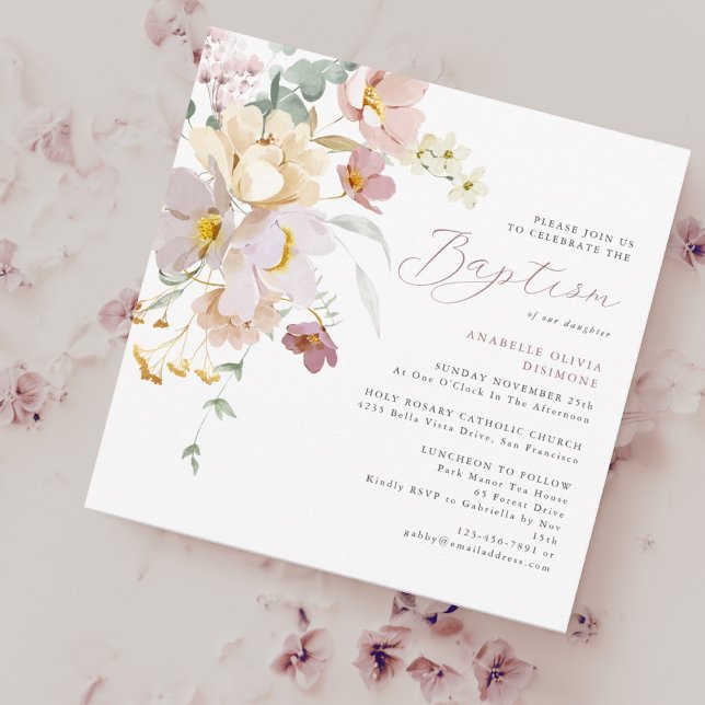 Invitation Elégant aquarelle Floral rose Baptême (Créateur téléchargé)