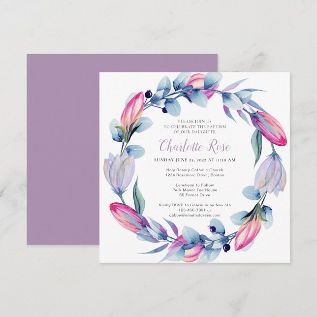 Invitation Elégant aquarelle Floral Wreath Baptisme (Devant / Derrière)