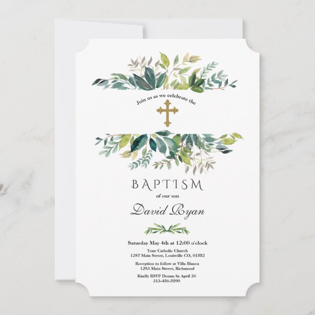 Invitation Elégant aquarelle Foliage Cadre Or Baptême (Devant)