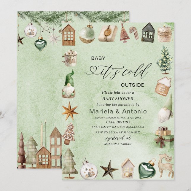 Invitation Elégant aquarelle il fait froid dehors Baby shower (Devant / Derrière)