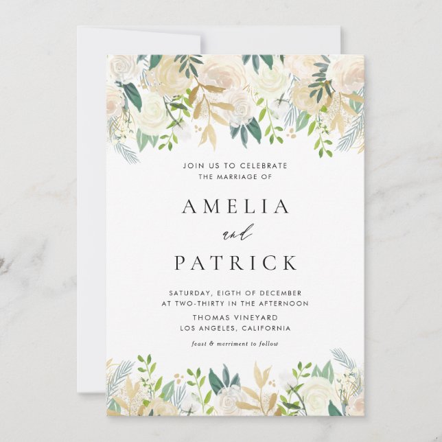 Invitation Elégant Aquarelle Ivoire Peonies Mariage Or Foil (Devant)