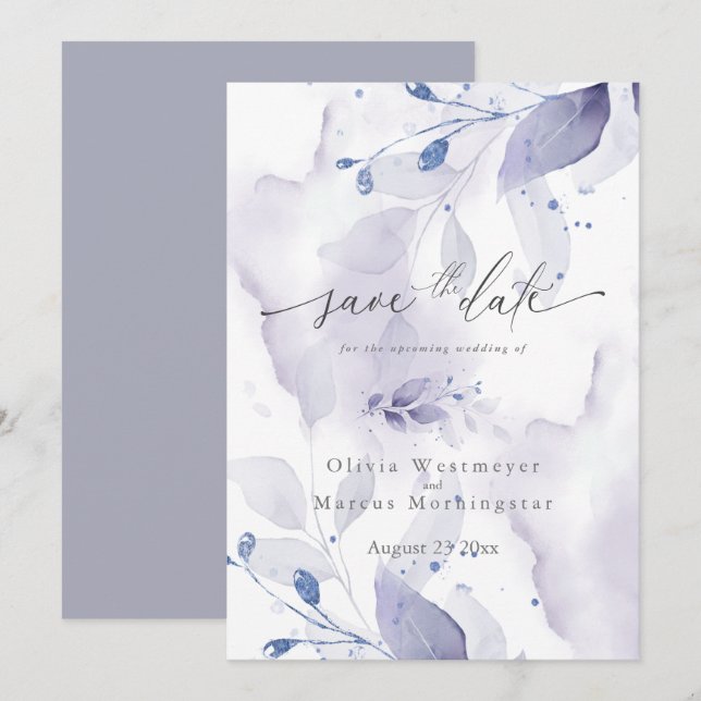 Invitation Elégant aquarelle Lilac Foliage Enregistrer la dat (Devant / Derrière)