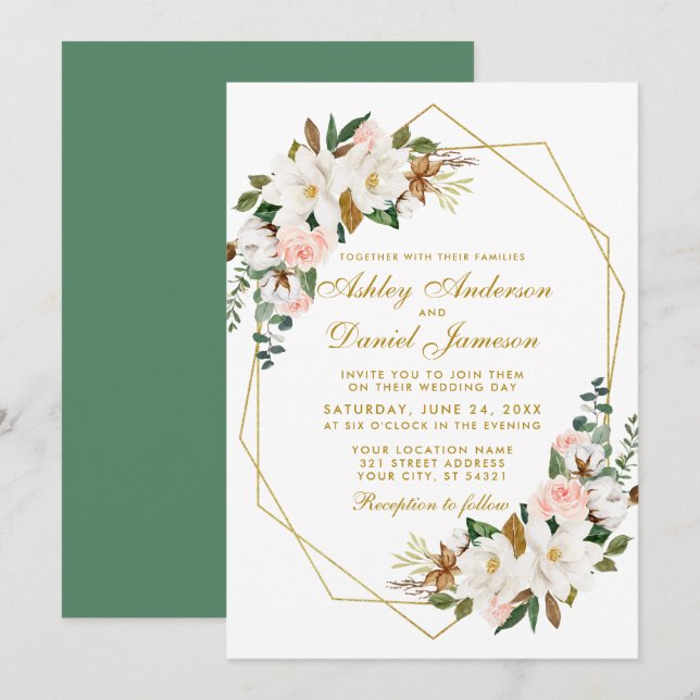 Invitation Elégant Aquarelle Magnolias Rose Mariage or (Devant / Derrière)