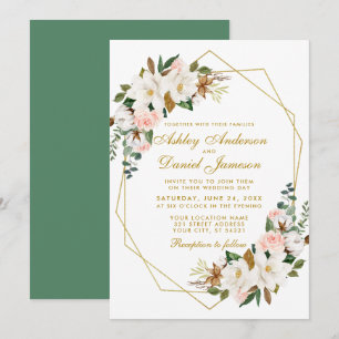 Invitation Elégant Aquarelle Magnolias Rose Mariage or