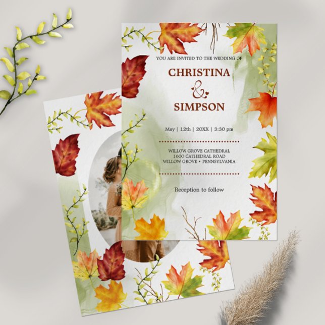 Invitation Elégant aquarelle Mariage photo d'automne (Elegant Yellow Leaves Autumn Photo Wedding Invitation)