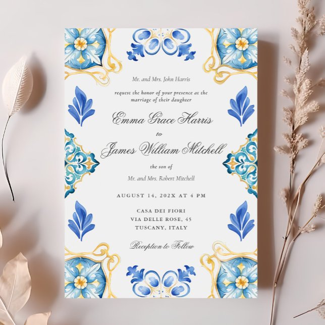 Invitation Elégant aquarelle officielle Carreaux italiens Mar (Créateur téléchargé)