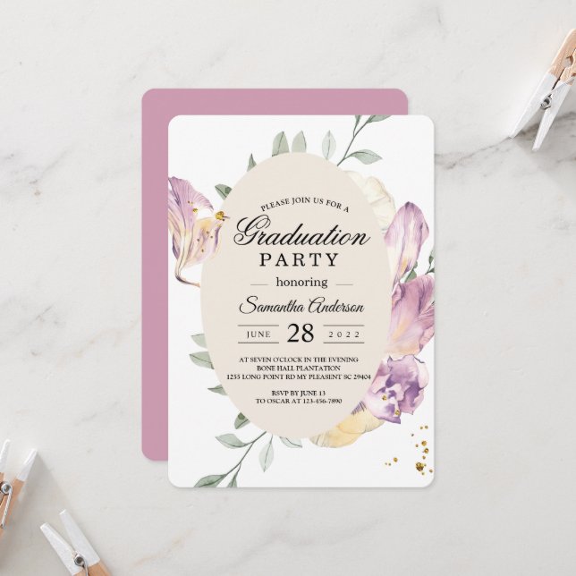 Invitation Elégant aquarelle Pansy & Fleurs violettes Cadre (Devant/Arrière en situation)