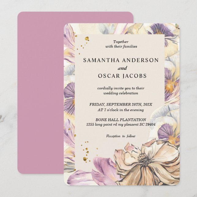 Invitation Elégant Aquarelle Pansy & Purple Flowers (Devant / Derrière)