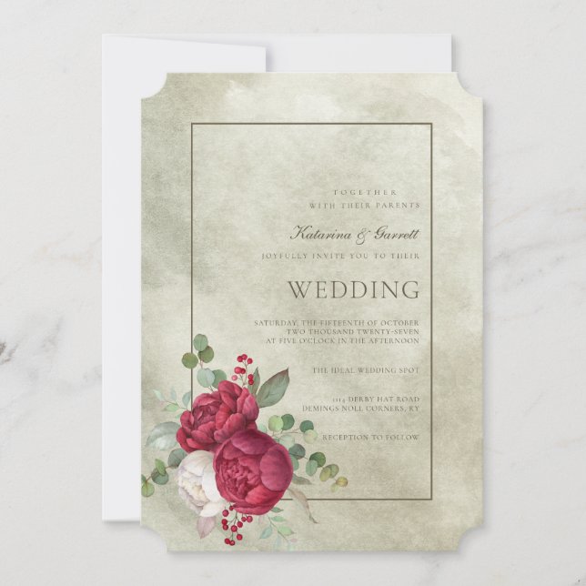 Invitation Elégant Aquarelle Peonies Sage Green Mariage (Devant)
