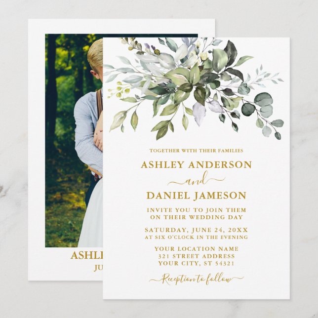 Invitation Élégant Aquarelle Photo de Mariage de Verdure en O (Devant / Derrière)
