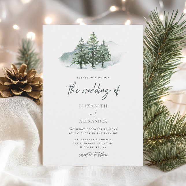 Invitation Elégant Aquarelle Pine Arbres Mariage d'hiver (Créateur téléchargé)