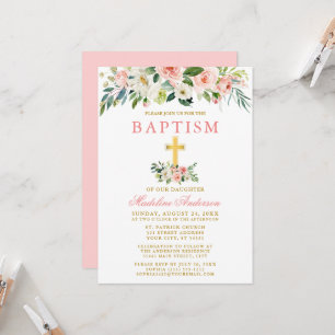 Invitation Elégant aquarelle rose blanc floral or Baptême