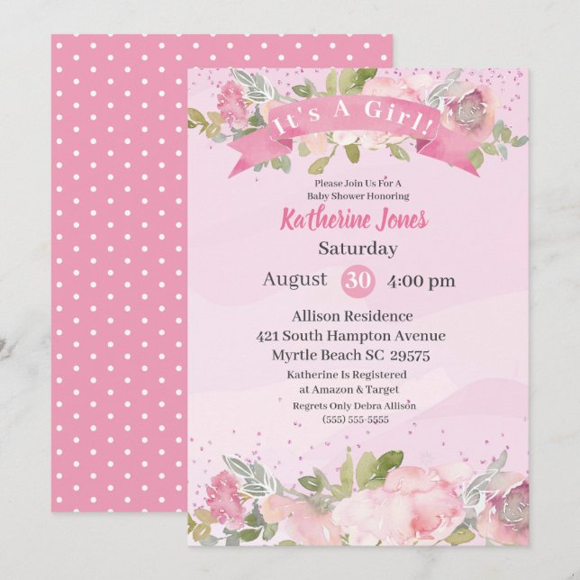 Invitation Elégant Aquarelle rose Blush Baby shower Floral (Devant / Derrière)