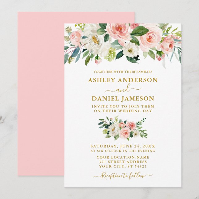 Invitation Elégant Aquarelle rose Blush Floral Mariage Or (Devant / Derrière)