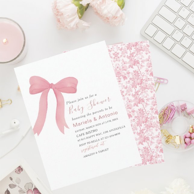 Invitation Elégant Aquarelle rose Bow Girl Baby shower (Créateur téléchargé)