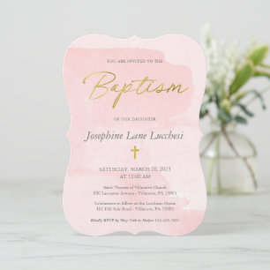 Invitation Elégant Aquarelle rose et Baptême or