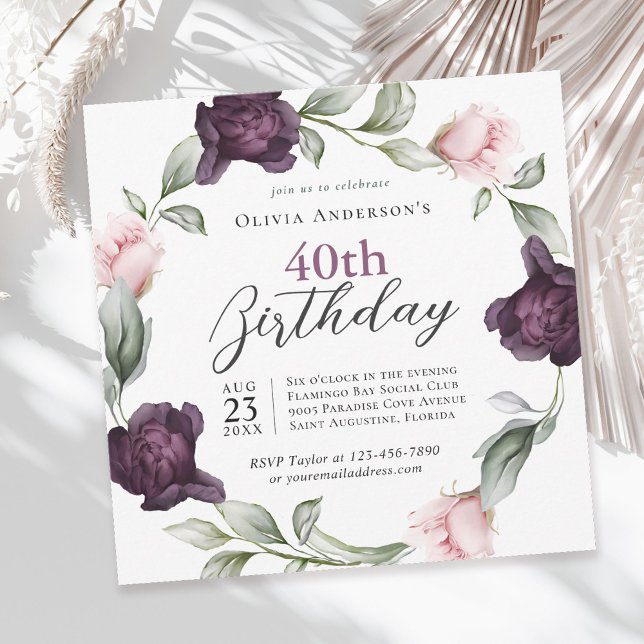 Invitation Elégant aquarelle Rose Floral 40e anniversaire (Available in both printed and instant download digital formats.)