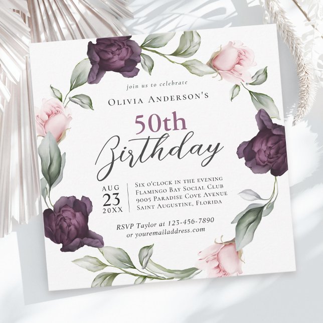 Invitation Elégant aquarelle Rose Floral 50e anniversaire (Available in both printed and instant download digital formats.)