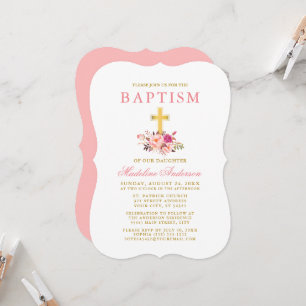 Invitation Élégant aquarelle rose floral baptême or