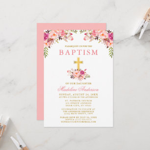 Invitation Elégant aquarelle rose floral or Baptême
