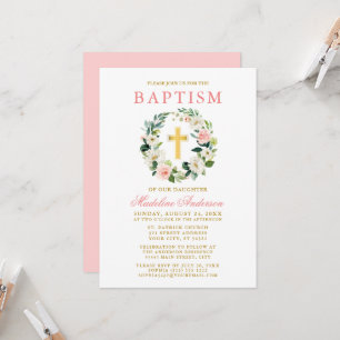 Invitation Elégant Aquarelle rose Floral Wreath Or Baptême